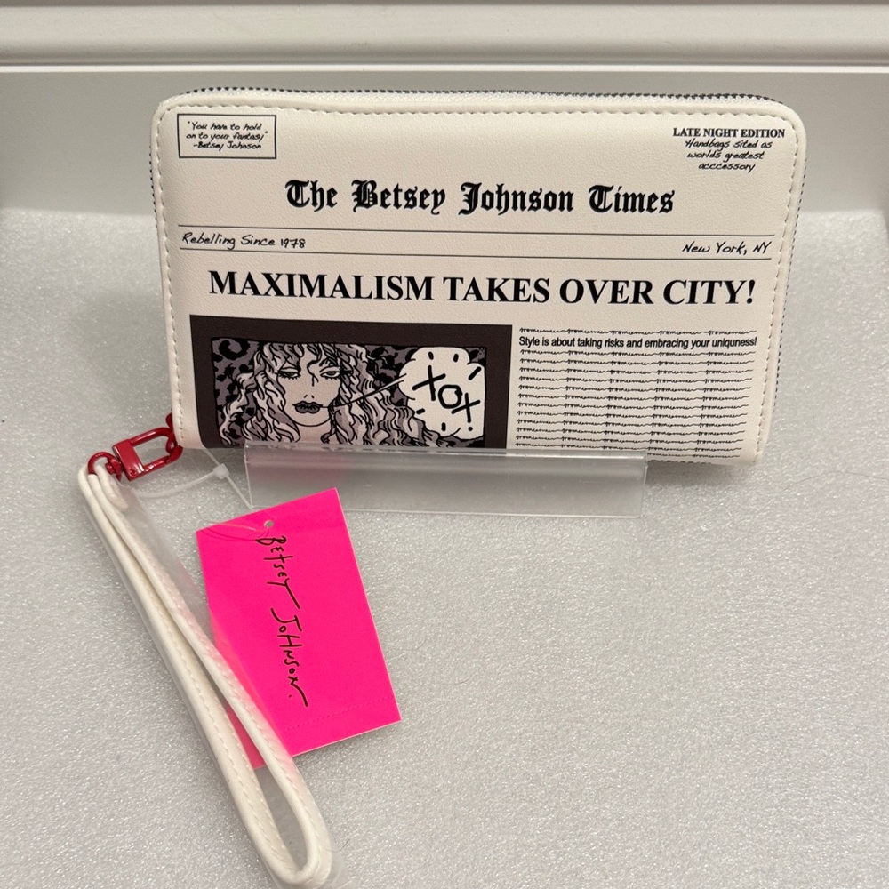 Betsey Johnson White Newspaper Print Wristlet Clutch with Pink Tag